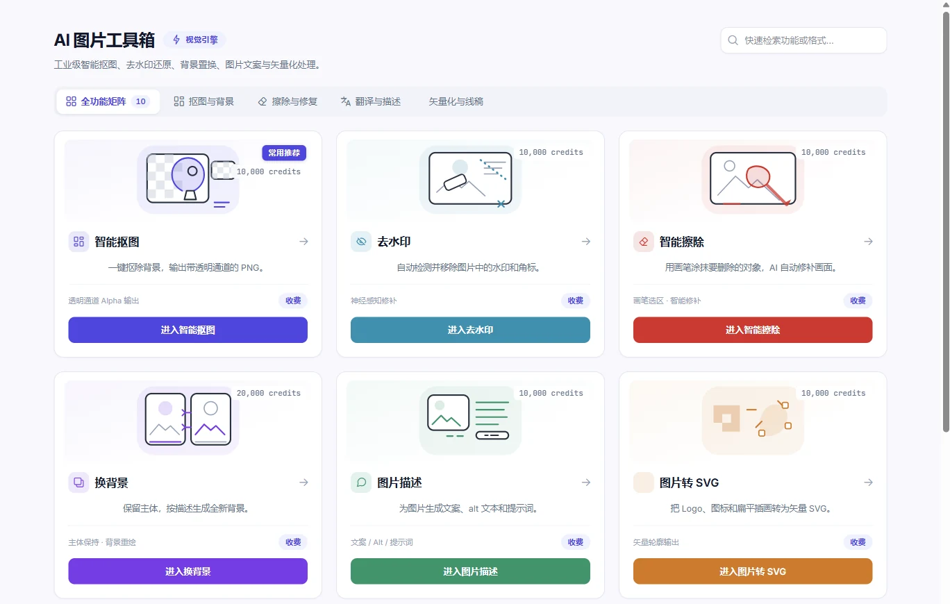 AI 图片工具箱中的抠图、去水印、智能擦除、换背景、图片描述和转 SVG 六项功能